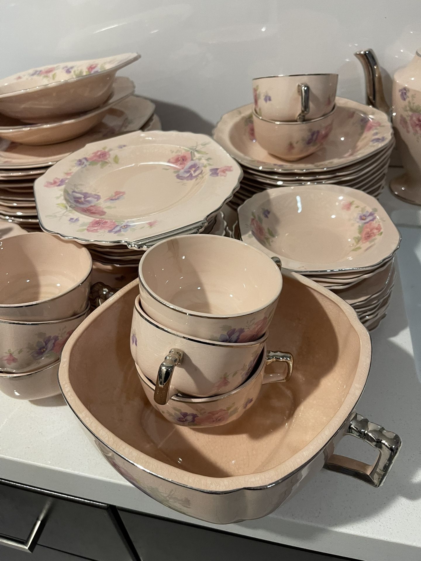 GLO PECHE WARE BY LIMOGES OF SEBRING OHIO HUGE LOT "THE PANSY"