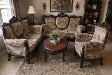 Vintage Victorian carved Wood Sofa, Love Seat and Chair