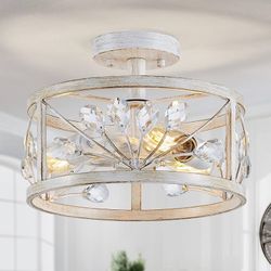 Crystal Leaf Chandelier 3-Light Vintage Farmhouse Industrial Semi-Flush Mount Ceiling Light Lighting Fixture W 12", Antique White