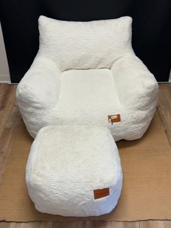 Cvortii White Sherpa Bean Bag Chair with Ottoman