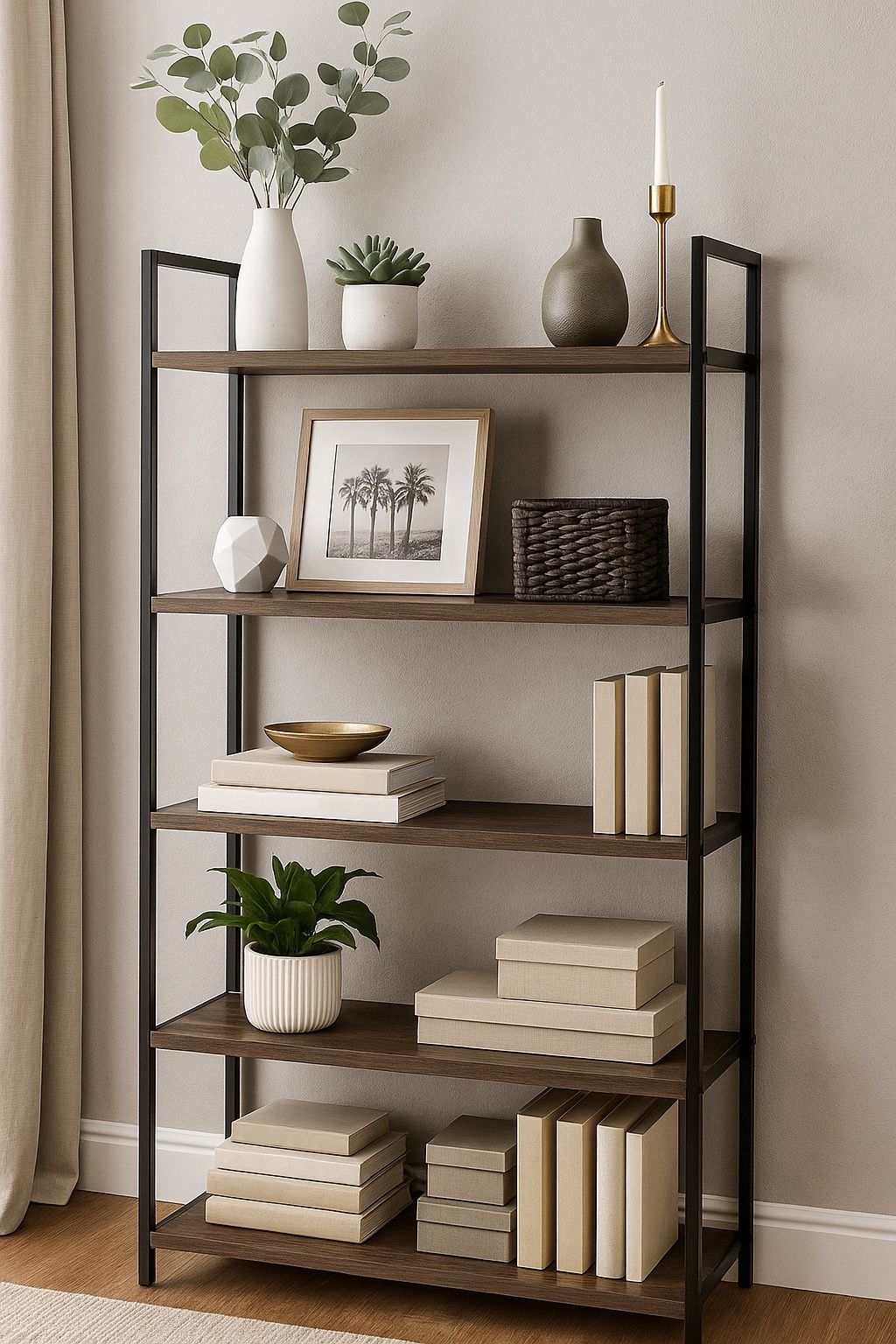 Industrial 5-Tier Ladder Bookcase (Black Metal & Dark Wood) - $100 (North Phx)