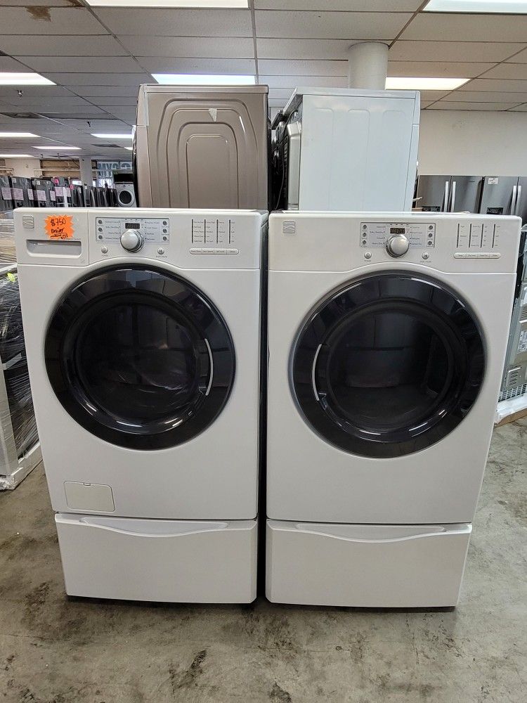 Kenmore Front Loading Washer And Stackable Gas Dryer Set With Pedestals 