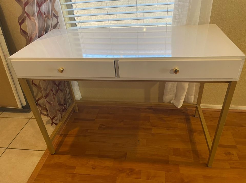 White And Gold Table With Two Drawers- Vanity, Desk