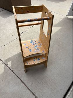 Wooden Kids Learning Tower / Kitchen Helper Stool – Fun Sticker-Covered, Sturdy Montessori Style