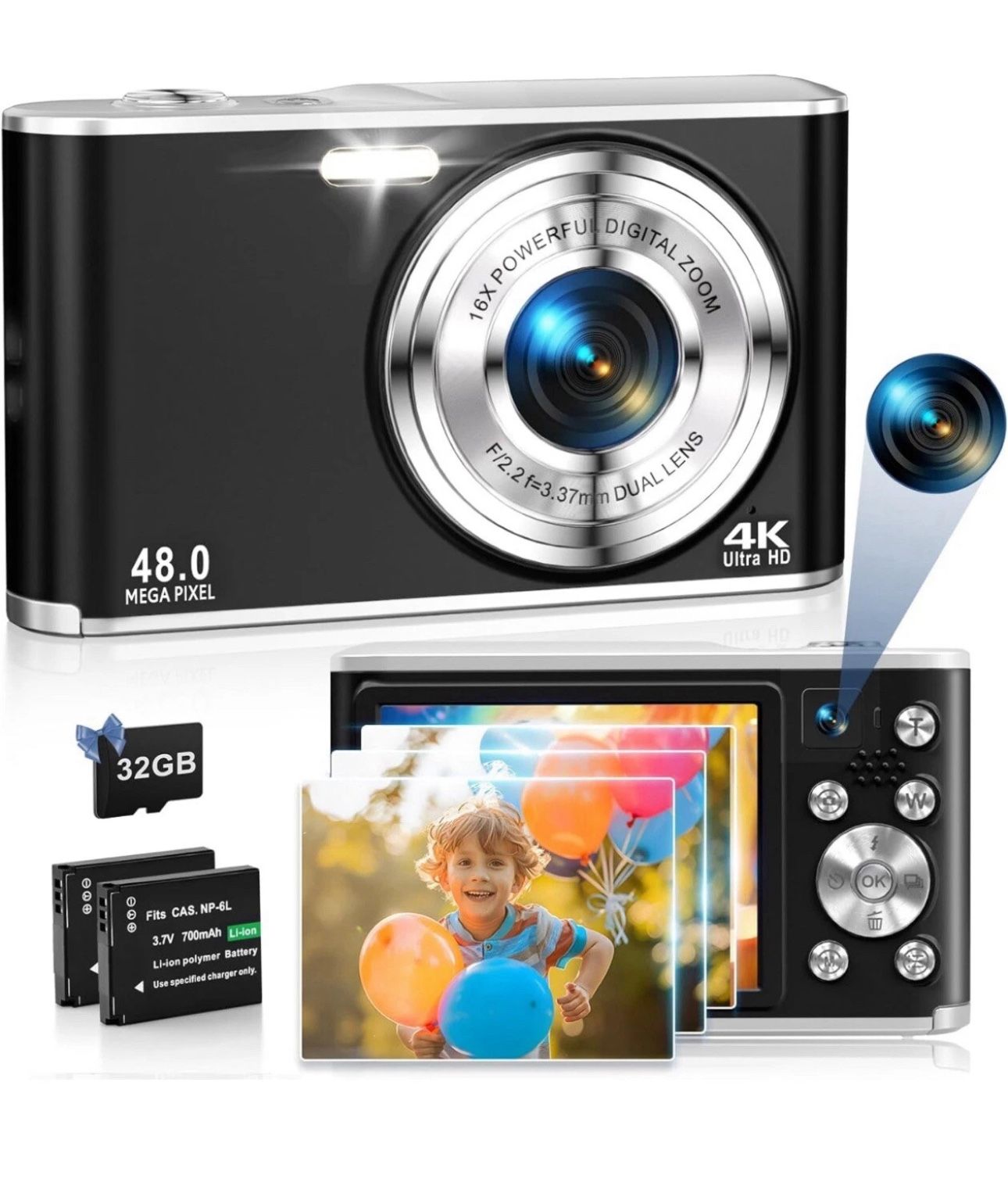 Digital Camera 4K48MPAutofocus Vlogging Camera with Rear and Front Camera for Photography,16X Digital Zoom Point and Shoot Cameras with 32GBCard 8 2 B