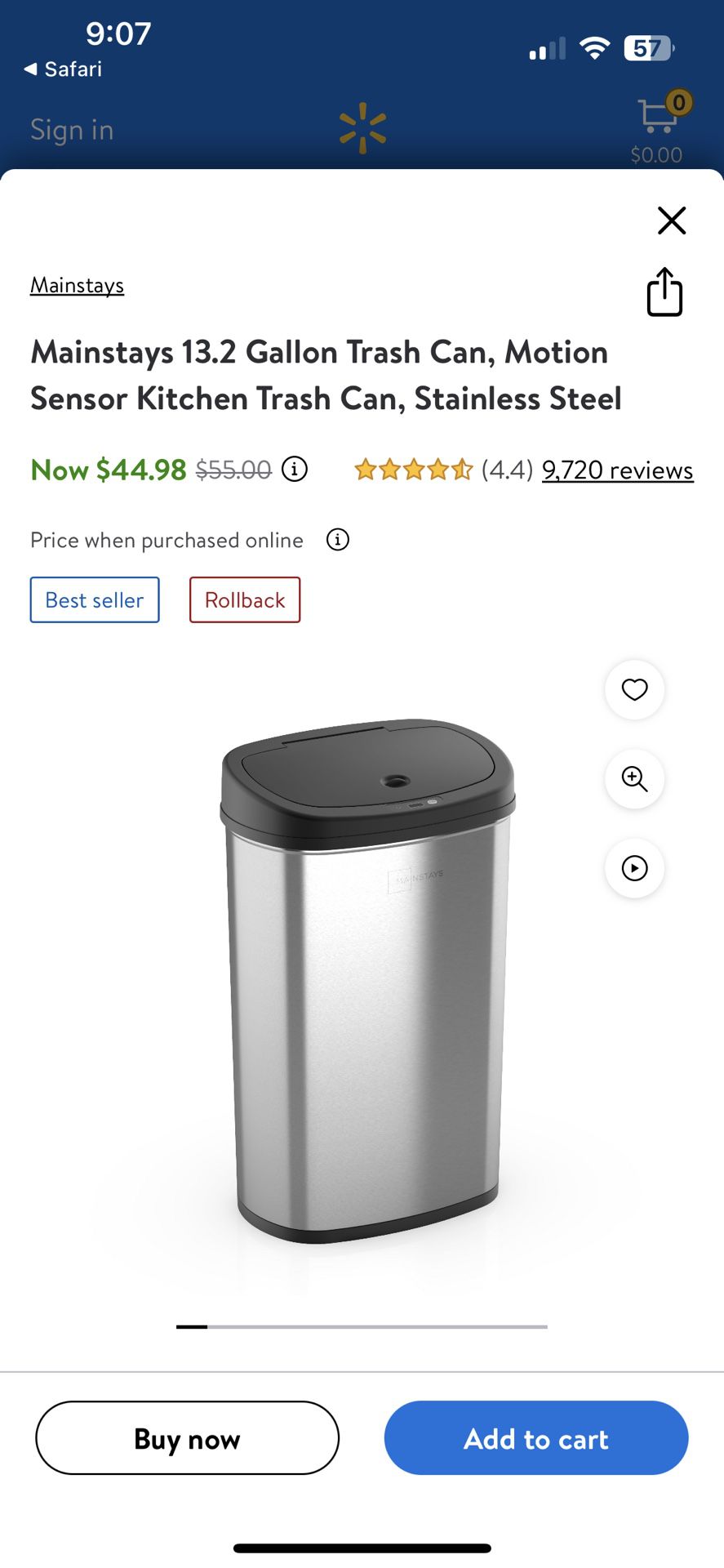 Mainstays 13.2 Gallon Trash Can, Motion Sensor Kitchen Trash Can, Stainless  Steel 