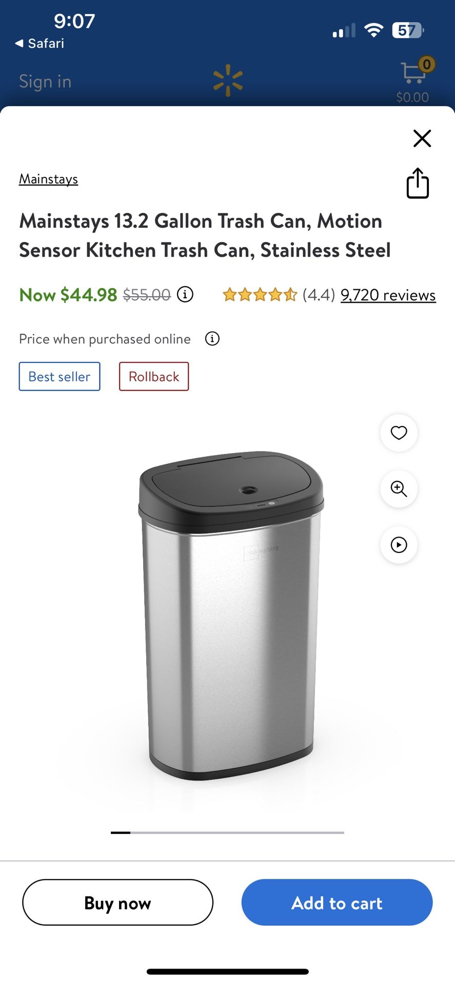 Mainstays 13.2 Gallon Trash Can, Motion Sensor Kitchen Trash Can, Stainless Steel