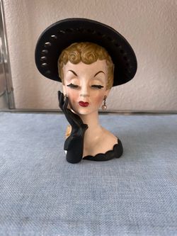 1959 Napco Lady Head Vase C3488A Large 7" Black Wide Brim Hat Gloved Hand