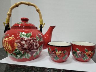 Pier 1 Imports Red Peony Flower Orange Purple Pink Floral Tea Set