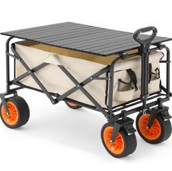 Large Folding Wagon Garden Cart with Table Big Wheel , Outdoor Utility Wagon Heavy Duty Garden Portable Hand Cart Plate and All-Terrain Beach Wago for