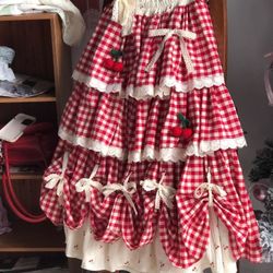 Women's Spring Summer Plaid Lace Trim Skirt - Sweet Cherry Print Tiered Midi Skirt, Design Tie Belt Layered Skirt, Going Out Skirt