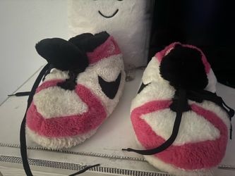 Pink and White Jordan Style Plush Slippers