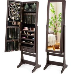 Full Length Freestanding Jewelry Mirror Armoire w/Velvet Interior 