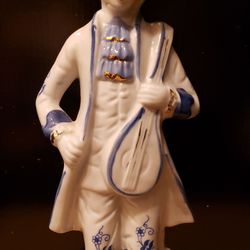 Vintage, Porcelain Figurine Man with Lute Blue White Gold