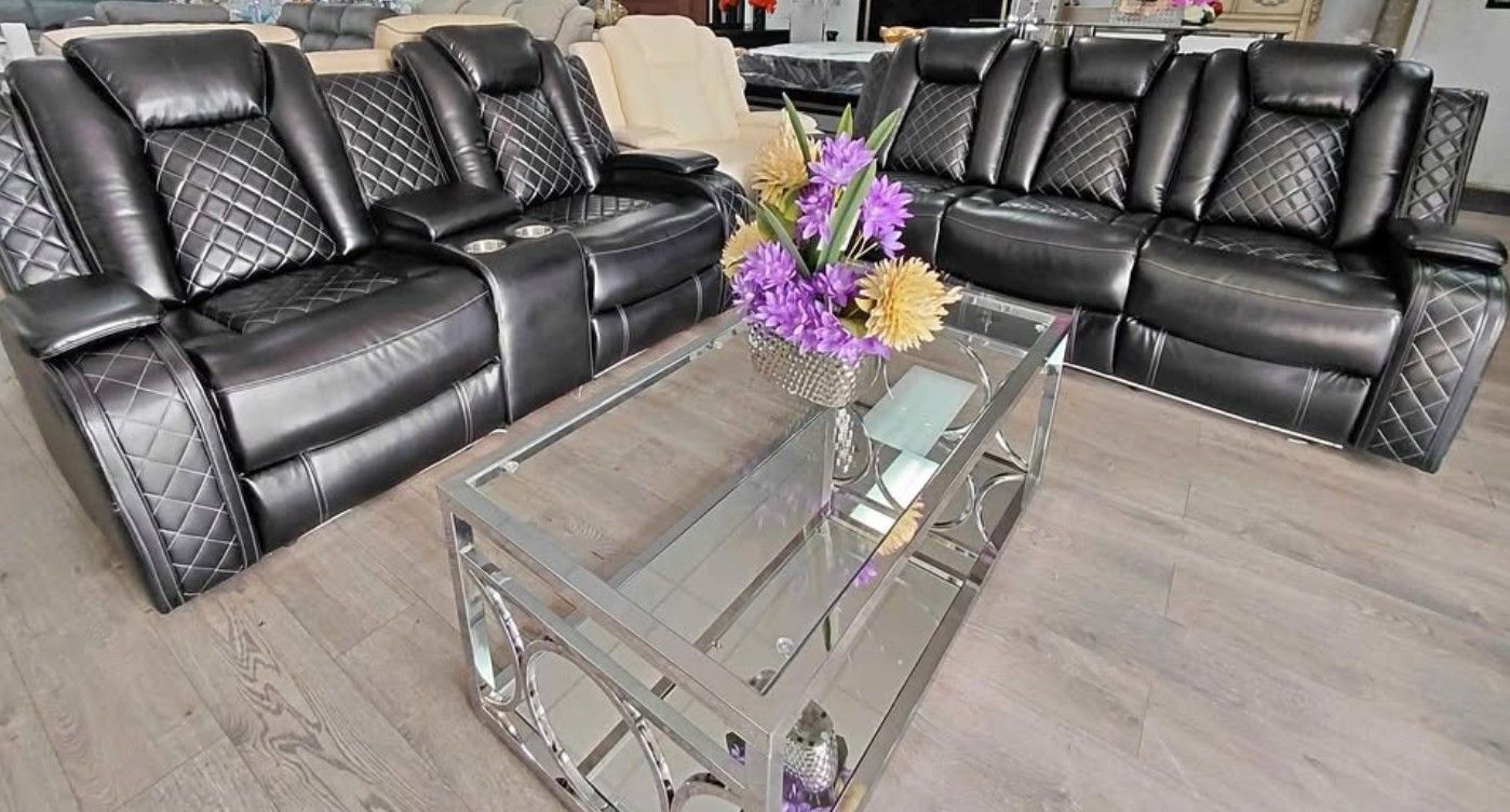 2PC Black Breathing leather recliner sofa and loveseat with LED