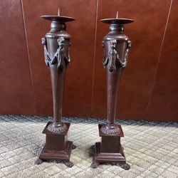 Pair Maitland Smith Brass Neoclassical Candlesticks 21” Vintage Luxury Decor