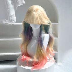 26-Inch Rainbow Gradient Curly Wig with Bangs