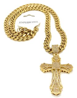 Necklace Stainless Steel 18K Gold Plated Big Size Cross With Cubic Zirconia, Width 9MM Size Length 24”