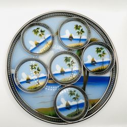 1950's Japanese Tropical Boat Pacific Island Scene Reverse Painted Glass 7 Piece Sushi Service Set 