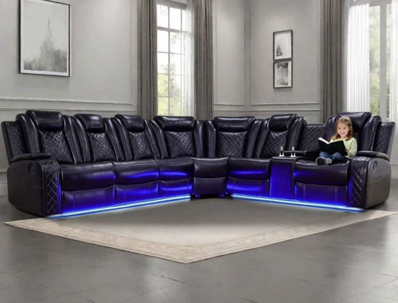 Power Electric Black Leather Fully Reclining Sectional Couch