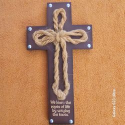 Decorative Wooden Cross with Rope and Engraved Quote