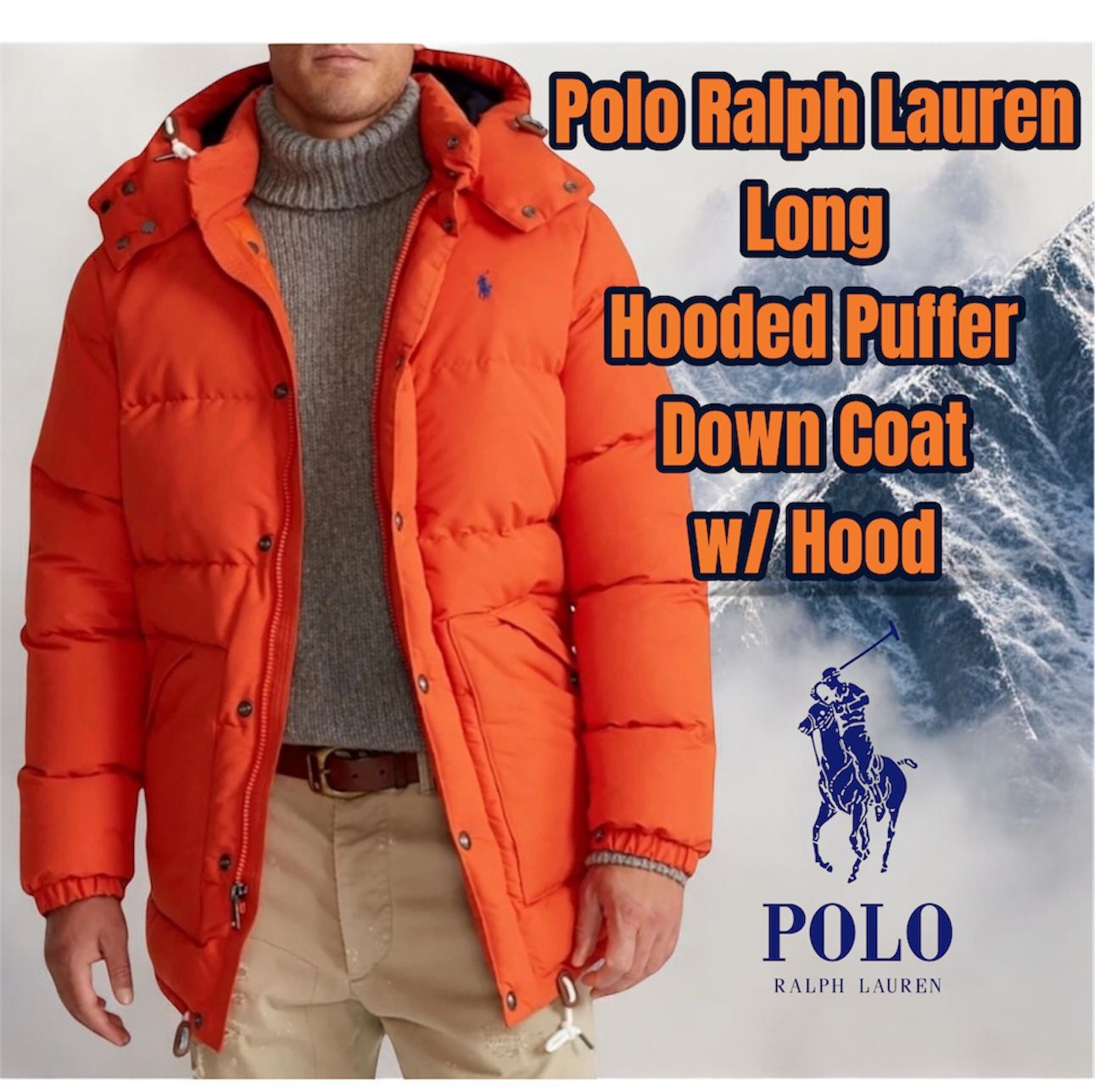 NWT Men’s Polo Ralph Lauren Down Puffer Coat / Parka, w Hood ( Polo Orange) 2XL  
