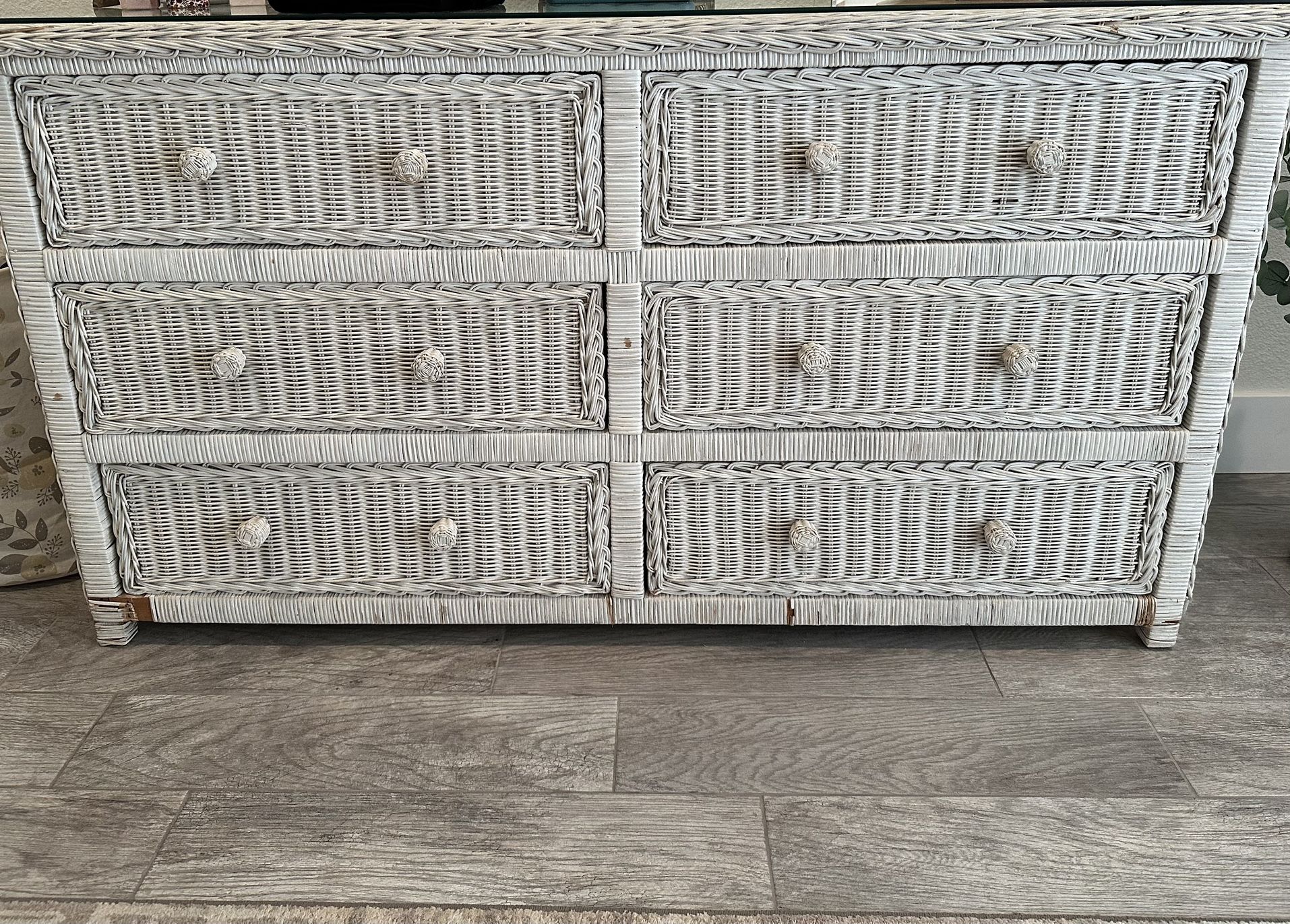 FOR SALE White Wicker 6 Drawer Dresser AND Nightstand