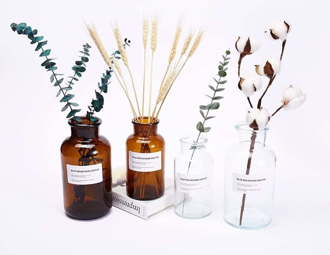 4PCs Glass Vase and 4 Sets articial Flowers Pack | Eucalyptus with Vase Decorative 