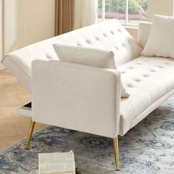 In box. 72"Modern Velvet Sofa Bed Futon,Convertible Folding Sleeper Bed Couches with 3 Adjustable Backrests,Tufted Recliner Loveseat with Golden Chrom