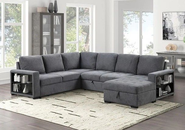 Stockwell Dark Grey Storage Chaise Couch Sofa Bed Sectional With USB