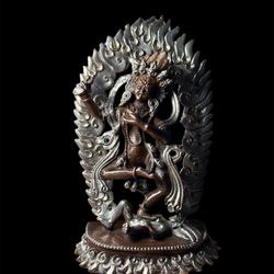 Handmade Nepal Copper Statue Silver Oxide Dancing Deity 4” Tibetan Buddhist Art 