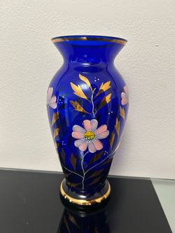 Gorgeous Vase. Decorated Glass. Blue And Gold Pattern.  9,5 Inches  High.  Great Present .