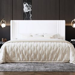 King Size Bed Frame, Velvet Platform Bed with Upholstered Wingback Headboard, No Box Spring Needed, White