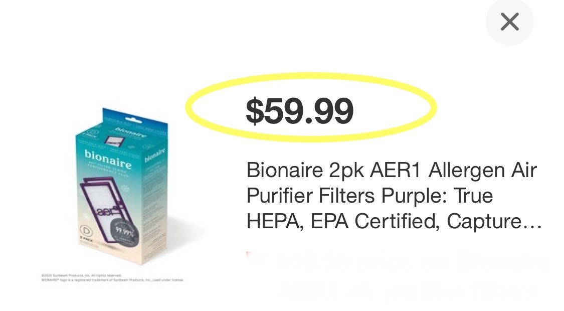 Bionaire 2pk AER1 Allergen Air Purifier Filters Purple: True HEPA, EPA Certified, Captures Odors & Smoke, Fits Bionaire & Holmes