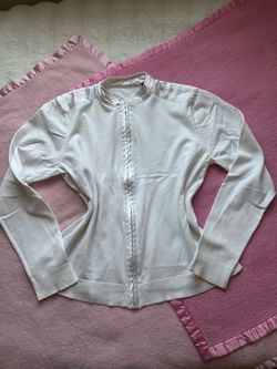 full-zip fitted cardigan in white featuring a satin-trimmed collar & zipper ⋆. 𐙚 ˚