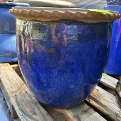 Blue Glazed Ceramic Pot w/Natural Braided Rim