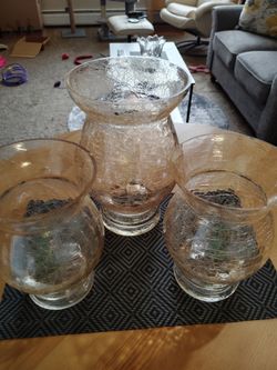 New Set of 3 Amber Colored Glass Hurricane Lamps/Vases