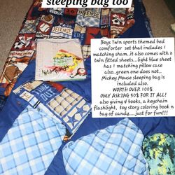 Boys TWIN COMFORTER, 1 Sham, 2 Sheets,1 Pillowcase,  Mickey Sleeping Bag N Extras