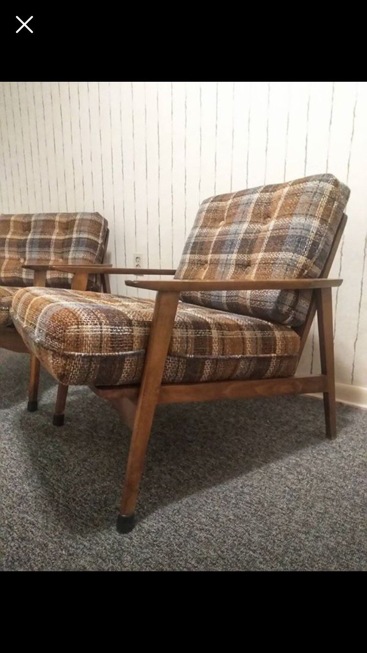 Mcm mid century chair chairs sofa set living room plaid danish unupholstered