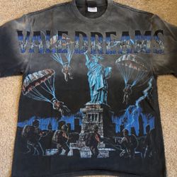 Vake Dreams Statue of Liberty Graphic Black Blue Cotton Men's Short Sleeve T-Sh…