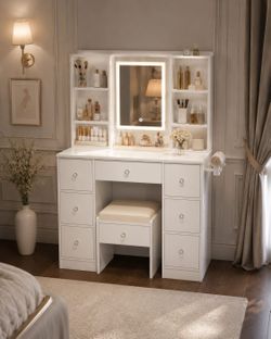 Vanity Table with Mirror & Lights - Built-in Power Outlet, Dimmable LED Lighting, 7 Compartments & 7 Drawers - Includes Padded Stool - Ideal Bedroom M