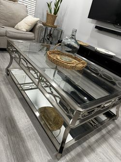 Modern Glass Coffee Table & End Table Set ///Chrome Glass Living Room Table Set (2-Piece)