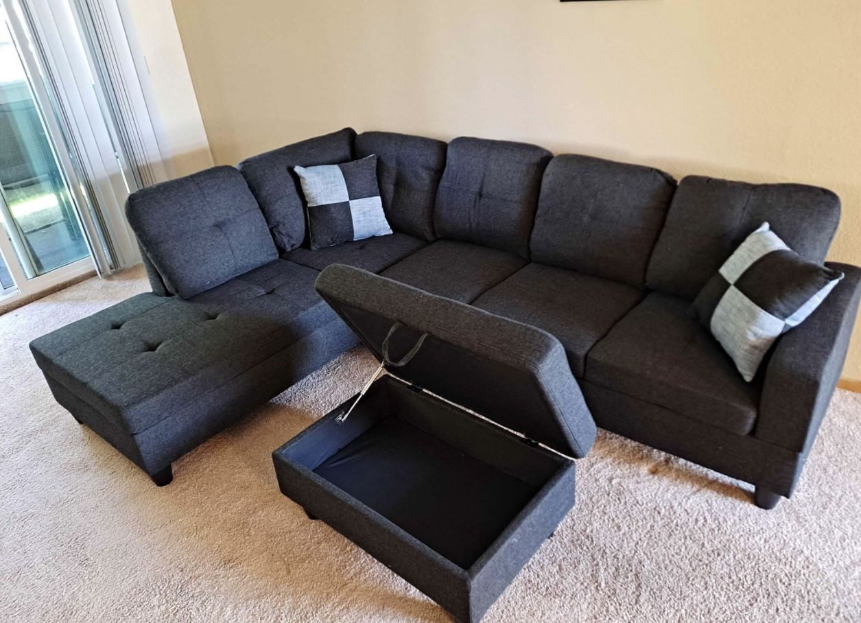 Charcoal Black Linen Sectional Couch And Ottoman