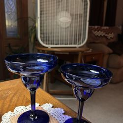 Cobalt Blue Margarita Glasses Stemware Barware Drinking 6”