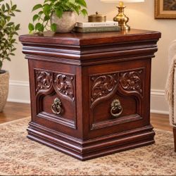 Vintage Carved Wooden Hexagonal End Table
