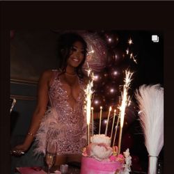 Stunning Pink Beaded Sequin Mini Dress with Feather Trim - Birthday Glam