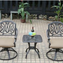 Patio bistro set 3 Piece outdoor swivel rocker Elisabeth chairs cast aluminum heavy furniture.