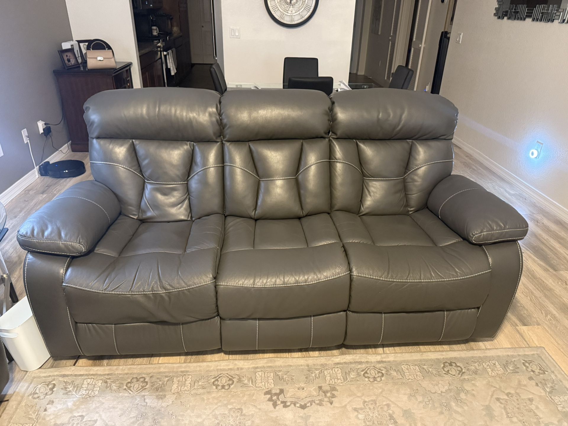 Gray Leather Power Recliner Sofa