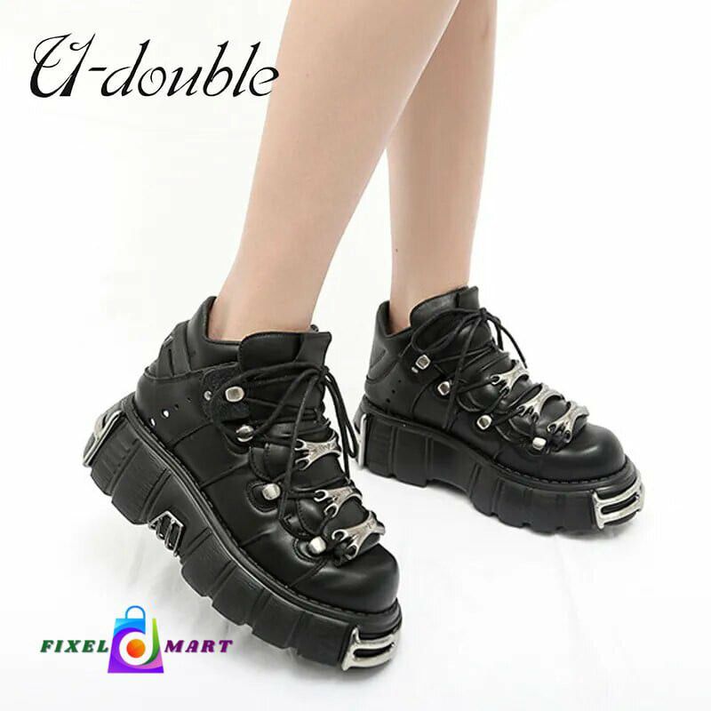 U-DOUBLE Brand Punk Style Women Shoes Lace-up heel height 6CM Platform Shoes Woman Gothic Ankle Boots Metal Decor Woman Sneakers

