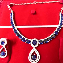 Blue Swarovski Bridal Jewelry Set,  925 Sterling Silver, Crystal Cz, Oval Cut